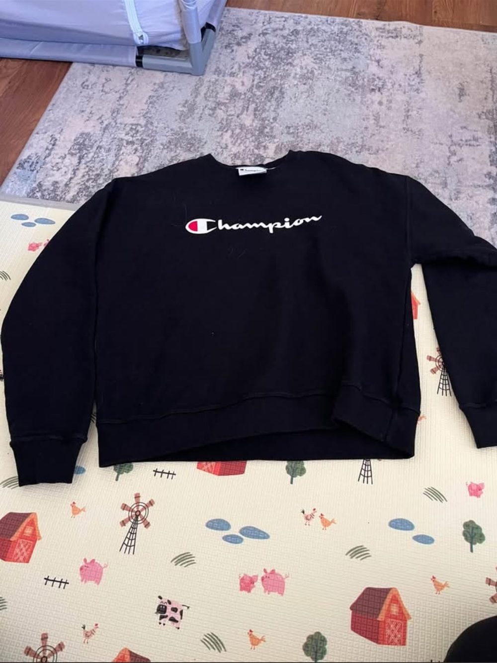 Champion Black Crewneck Sweatshirt with White Script and Red Logo